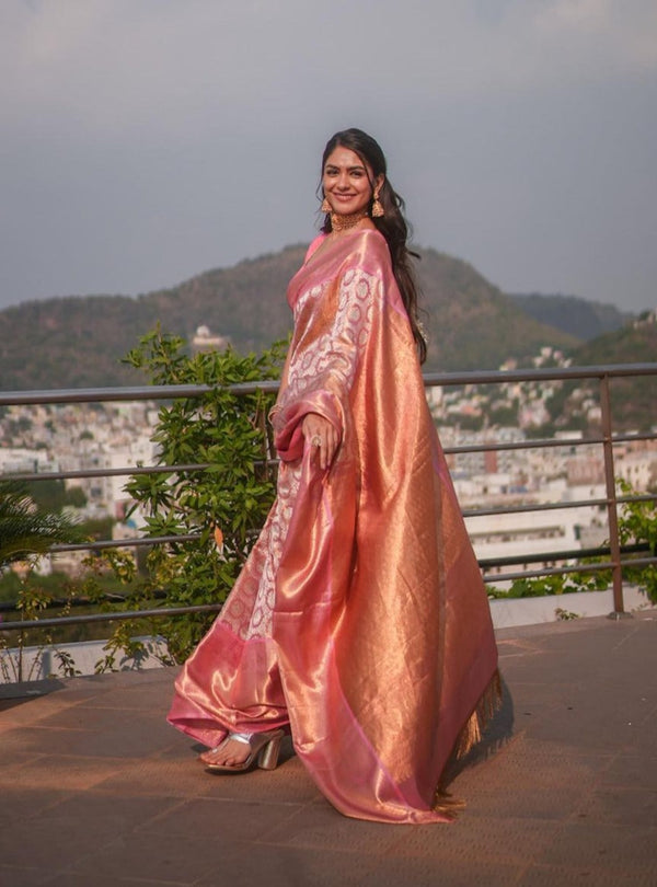 Attractive Pink Soft Banarasi Silk Saree With Impressive Blouse Piece - Shop authentic Indian Women's Fashion by Silk Folks