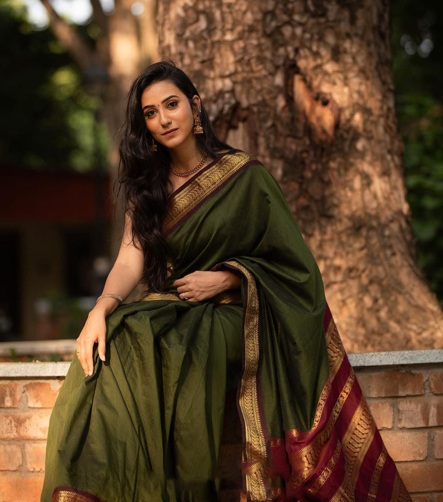 Adorning Green Soft Banarasi Silk Saree With Beauteous Blouse Piece - Shop authentic Indian Women's Fashion by Silk Folks