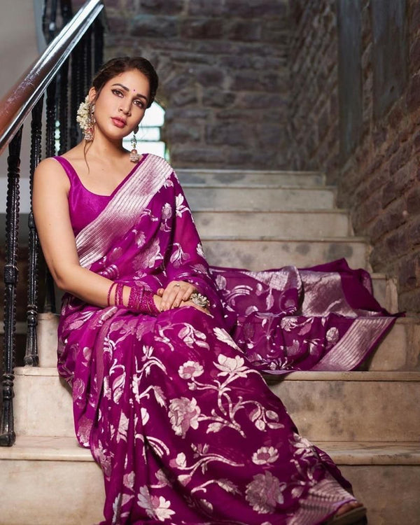Stunning Purple Banarasi Silk Saree With Lovely Blouse Piece