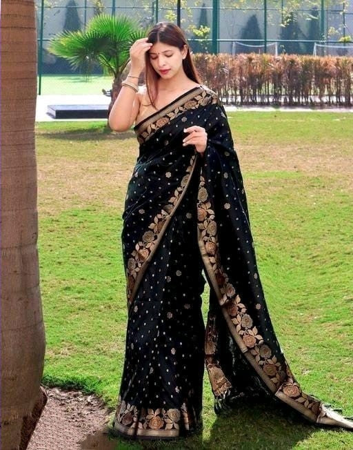 Dissemble Black Soft Banarasi Silk Saree With Lagniappe Blouse Piece - Shop authentic Indian Women's Fashion by Silk Folks