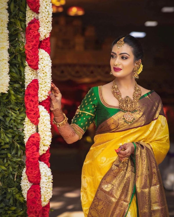 Incomparable Yellow Soft Banarasi Silk Saree With Flamboyant Blouse Pi - Shop authentic Indian Women's Fashion by Silk Folks