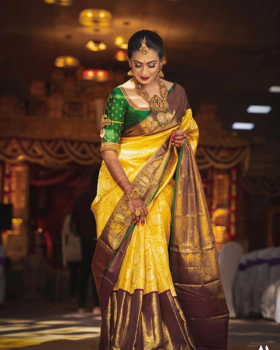 Incomparable Yellow Soft Banarasi Silk Saree With Flamboyant Blouse Pi - Shop authentic Indian Women's Fashion by Silk Folks