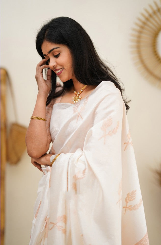 Epiphany White Soft Silk Saree With Breathtaking Blouse Piece - Shop authentic Indian Women's Fashion by Silk Folks