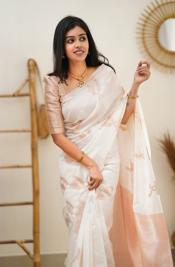 Epiphany White Soft Silk Saree With Breathtaking Blouse Piece - Shop authentic Indian Women's Fashion by Silk Folks