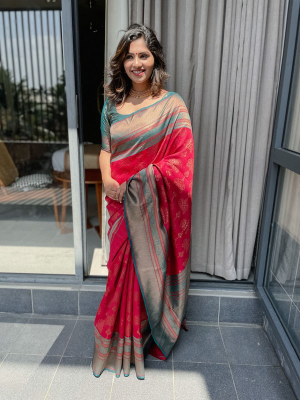 Incredible Maroon Soft Banarasi Silk Saree With Glorious Blouse Piece