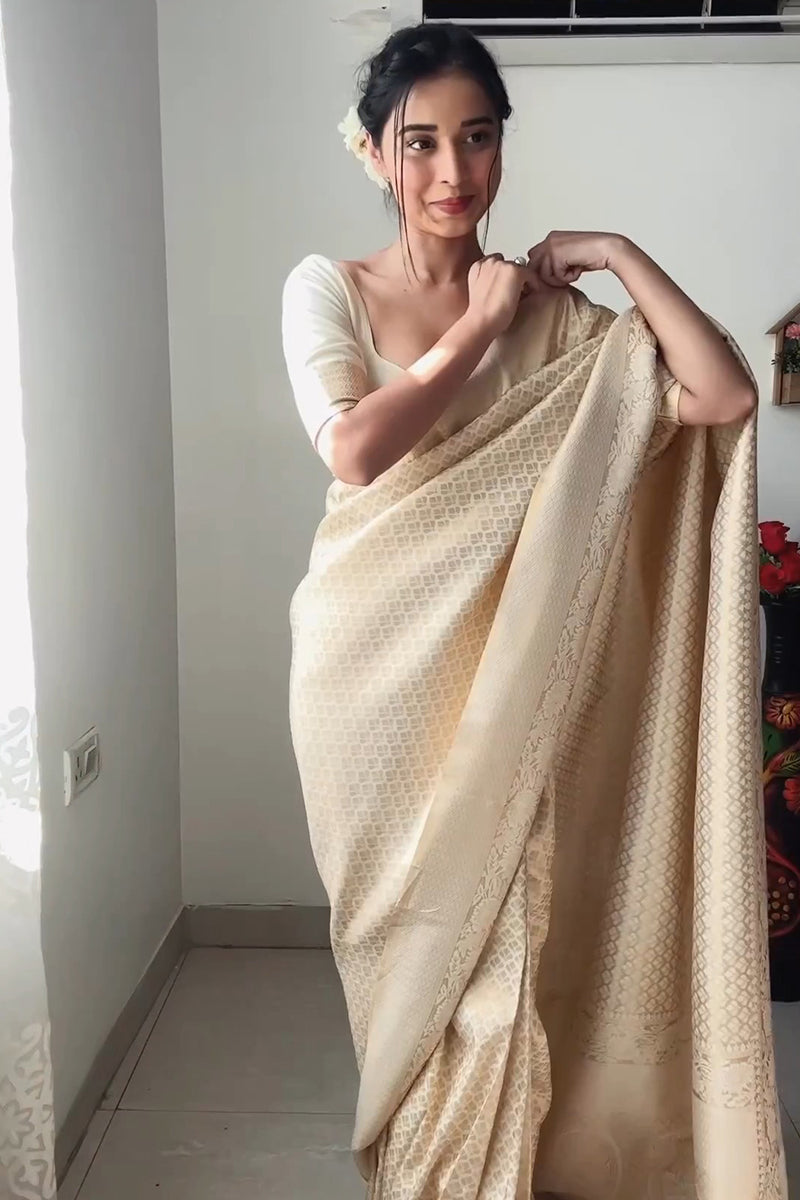 Lassitude 1-Minute Ready To Wear Beige Kanjivaram Silk Saree - Shop authentic Indian Women's Fashion by Silk Folks