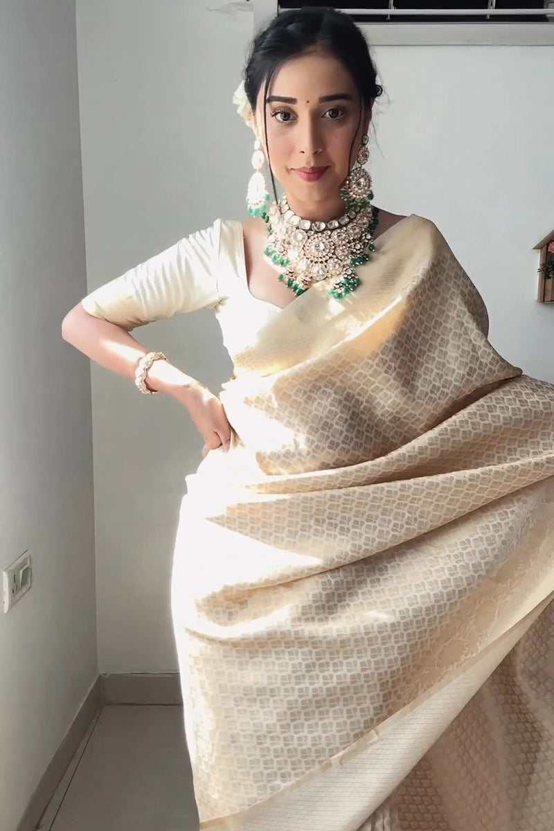 Lassitude 1-Minute Ready To Wear Beige Kanjivaram Silk Saree - Shop authentic Indian Women's Fashion by Silk Folks