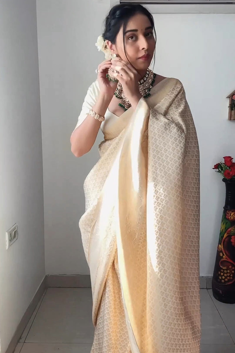 Lassitude 1-Minute Ready To Wear Beige Kanjivaram Silk Saree - Shop authentic Indian Women's Fashion by Silk Folks