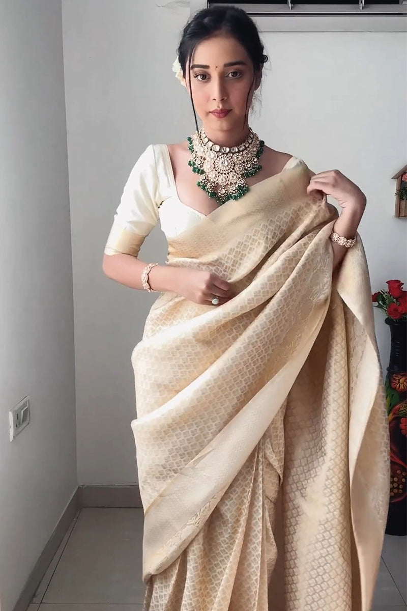 Lassitude 1-Minute Ready To Wear Beige Kanjivaram Silk Saree - Shop authentic Indian Women's Fashion by Silk Folks