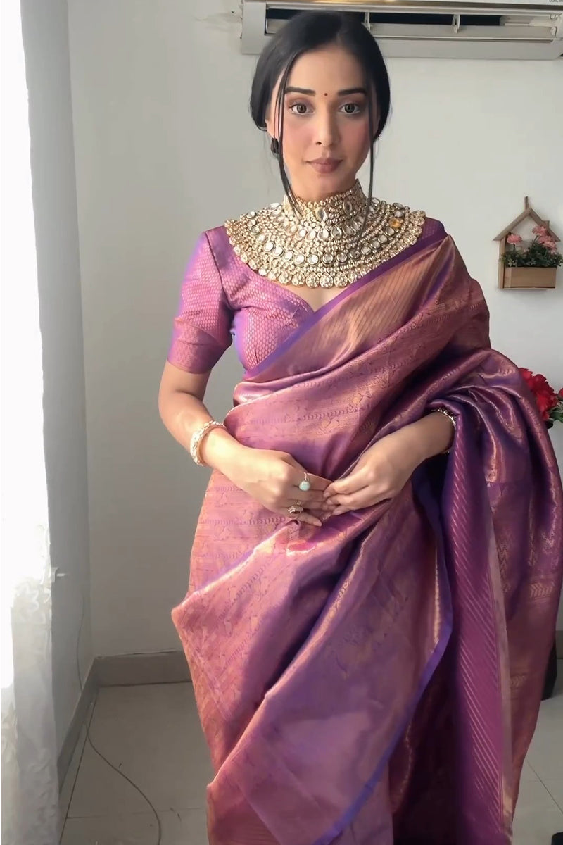 Enticing 1-Minute Ready To Wear Purple Kanjivaram Silk Saree - Shop authentic Indian Women's Fashion by Silk Folks