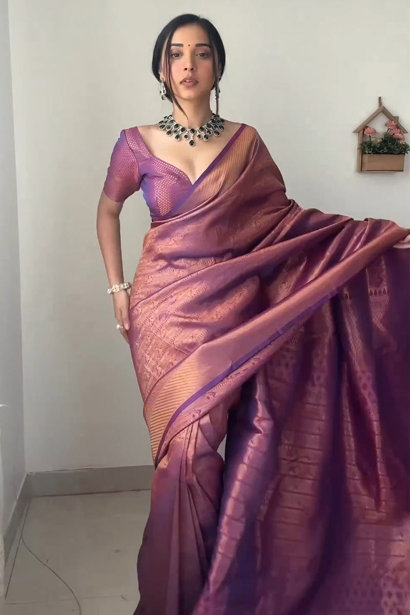 Enticing 1-Minute Ready To Wear Purple Kanjivaram Silk Saree - Shop authentic Indian Women's Fashion by Silk Folks