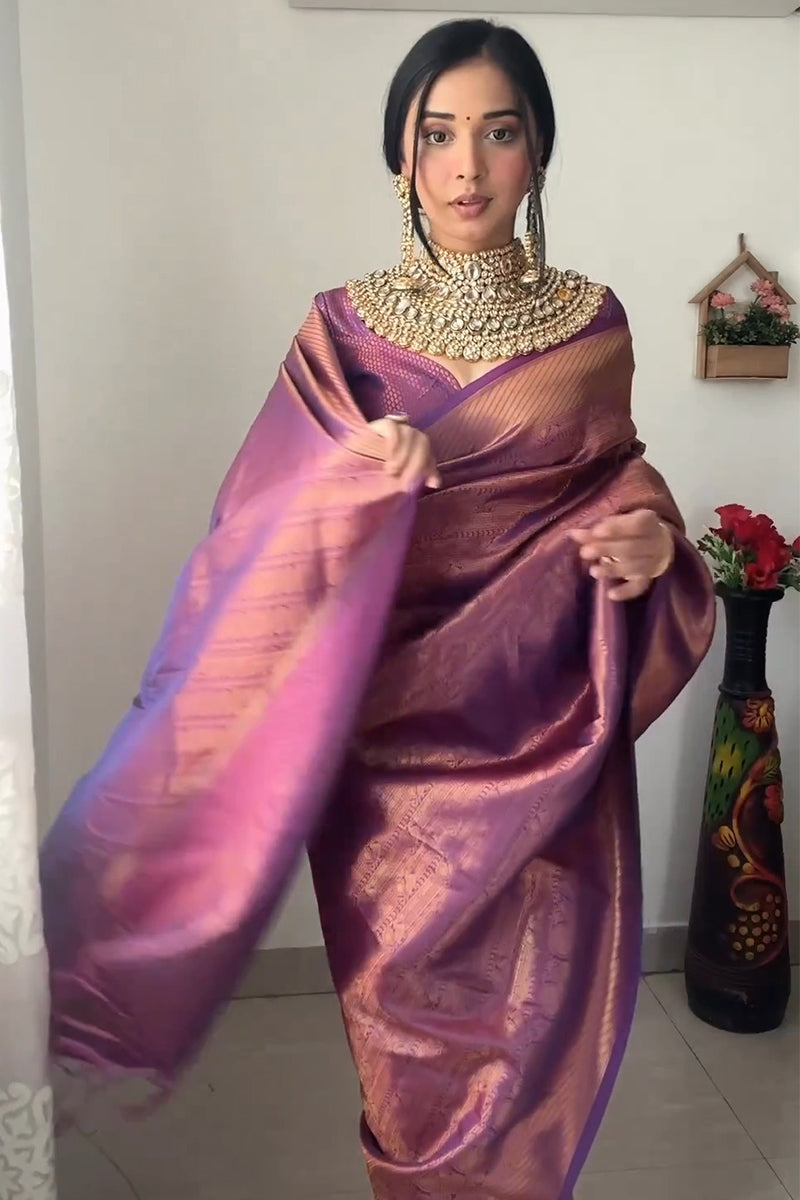 Enticing 1-Minute Ready To Wear Purple Kanjivaram Silk Saree - Shop authentic Indian Women's Fashion by Silk Folks