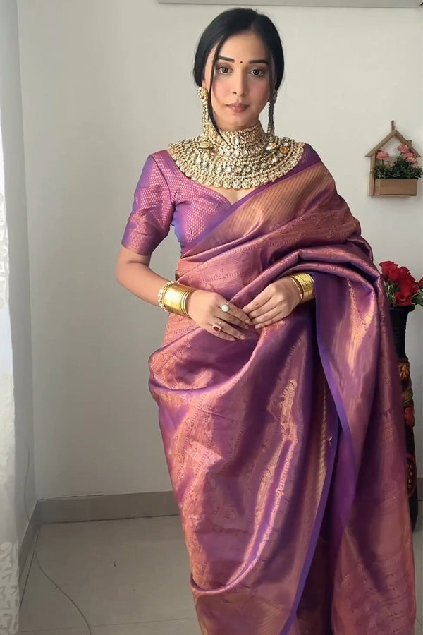 Enticing 1-Minute Ready To Wear Purple Kanjivaram Silk Saree - Shop authentic Indian Women's Fashion by Silk Folks