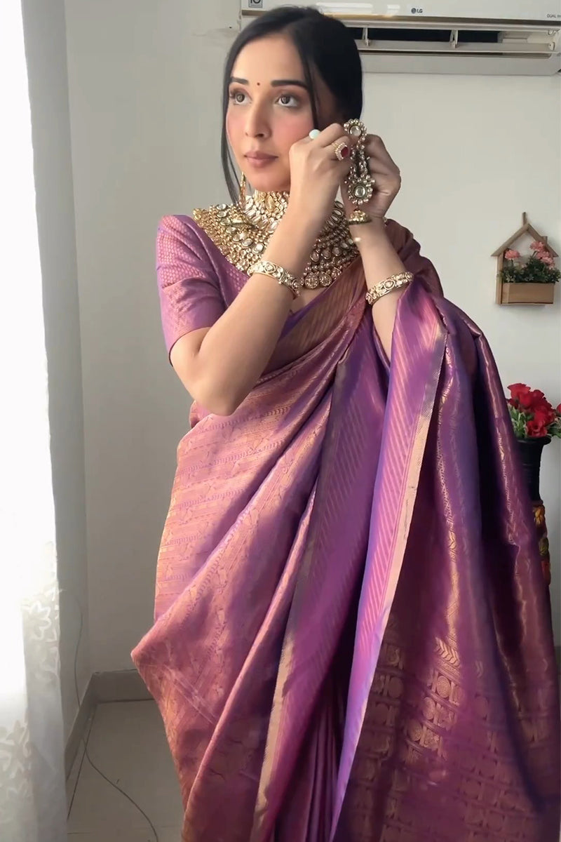 Enticing 1-Minute Ready To Wear Purple Kanjivaram Silk Saree - Shop authentic Indian Women's Fashion by Silk Folks