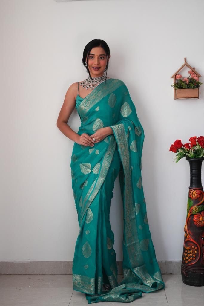 Radiant 1-Minute Ready To Wear Sea Green Cotton Silk Saree - Shop authentic Indian Women's Fashion by Silk Folks