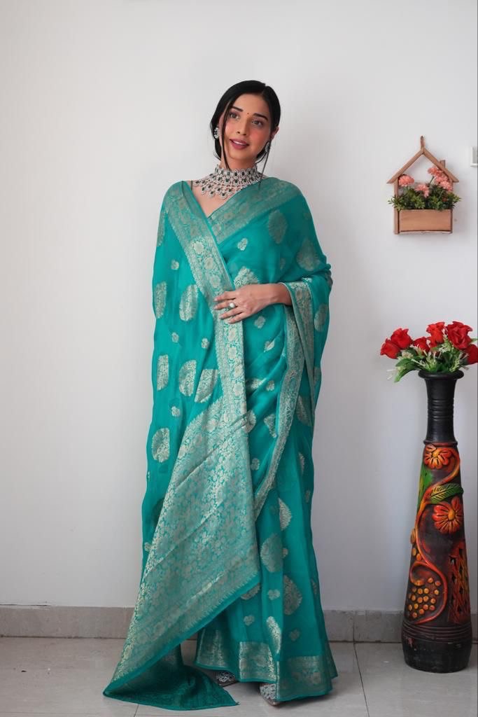 Radiant 1-Minute Ready To Wear Sea Green Cotton Silk Saree - Shop authentic Indian Women's Fashion by Silk Folks