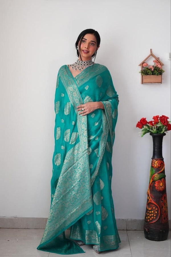 Radiant 1-Minute Ready To Wear Sea Green Cotton Silk Saree - Shop authentic Indian Women's Fashion by Silk Folks