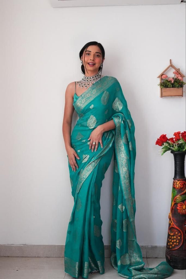 Radiant 1-Minute Ready To Wear Sea Green Cotton Silk Saree - Shop authentic Indian Women's Fashion by Silk Folks
