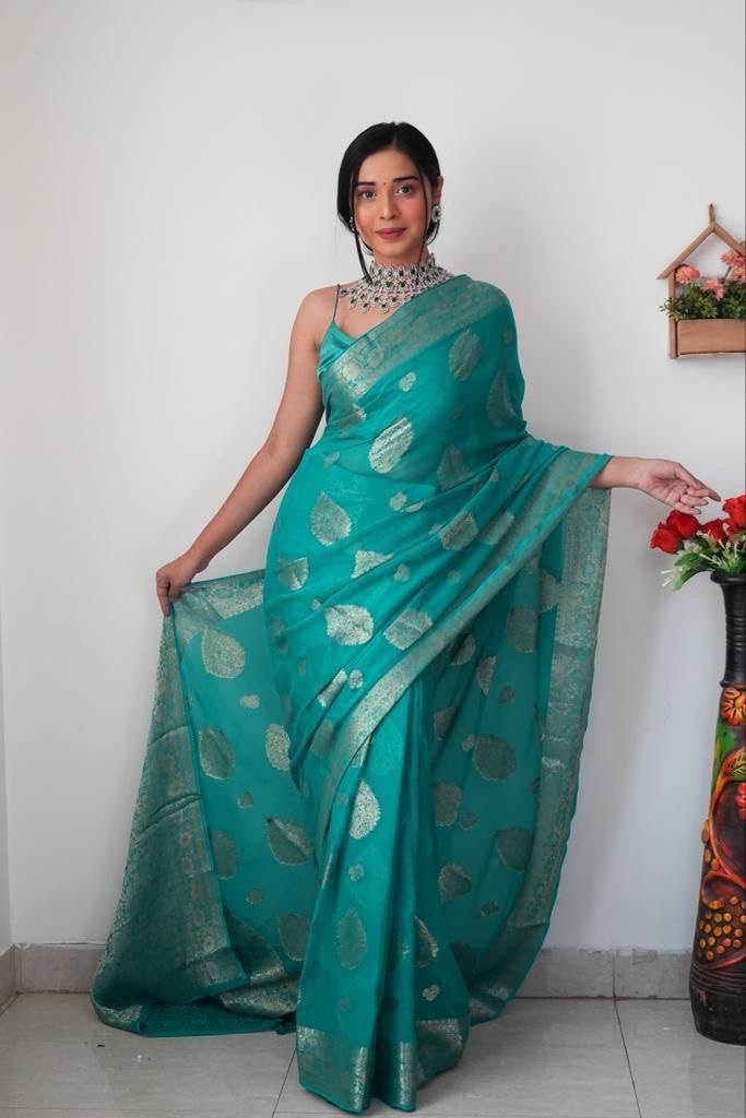 Radiant 1-Minute Ready To Wear Sea Green Cotton Silk Saree - Shop authentic Indian Women's Fashion by Silk Folks