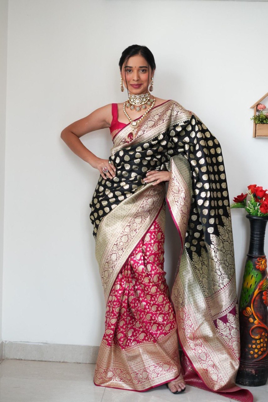 Vestigial 1-Minute Ready To Wear Black Soft Silk Saree - Shop authentic Indian Women's Fashion by Silk Folks