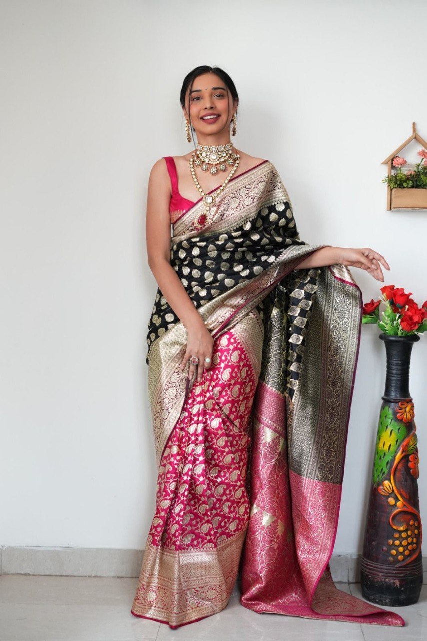 Vestigial 1-Minute Ready To Wear Black Soft Silk Saree - Shop authentic Indian Women's Fashion by Silk Folks