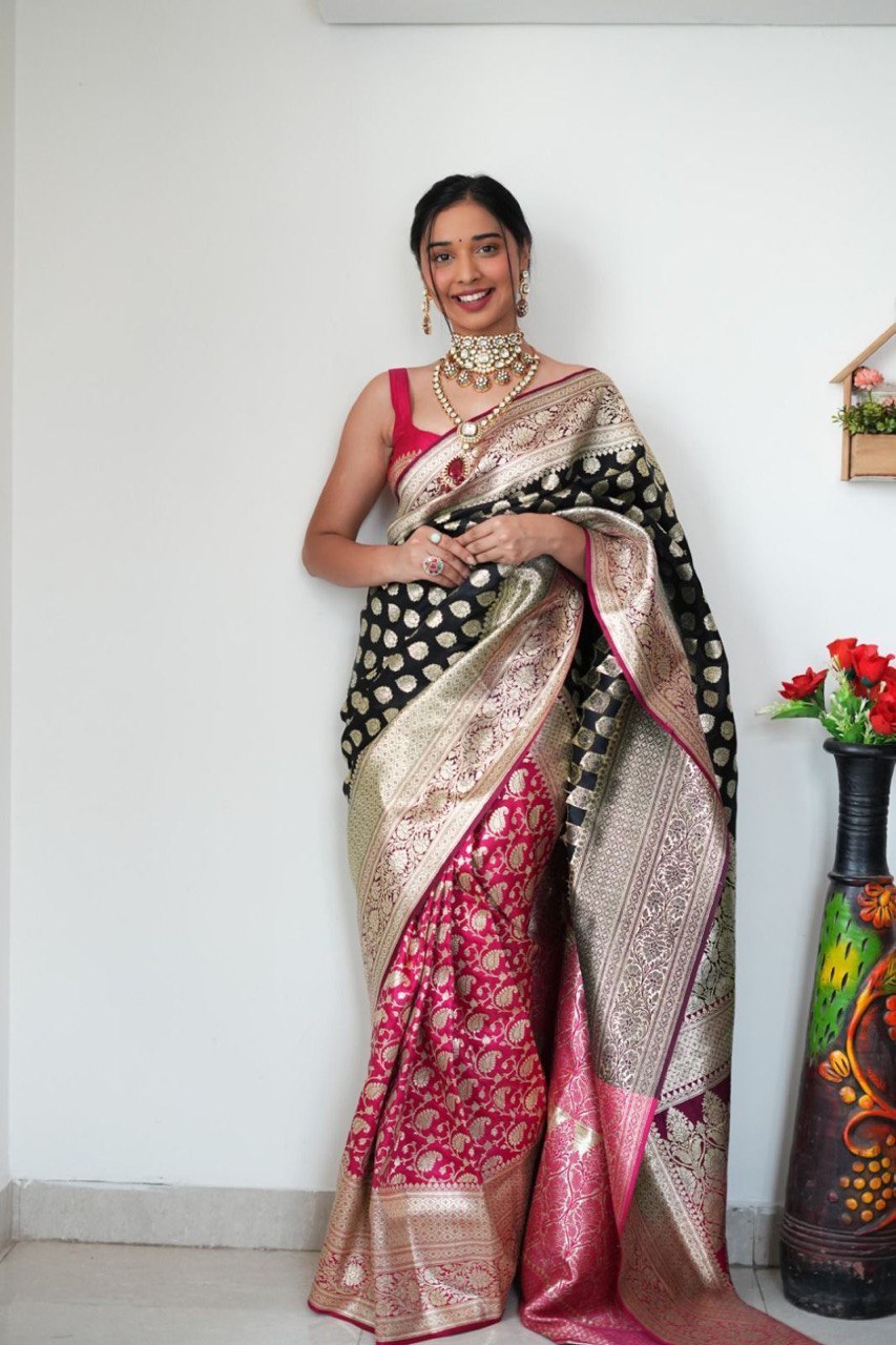 Vestigial 1-Minute Ready To Wear Black Soft Silk Saree - Shop authentic Indian Women's Fashion by Silk Folks