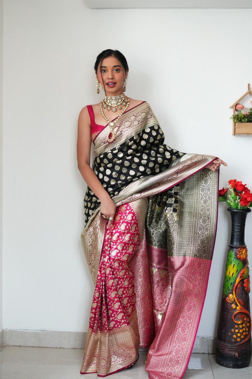 Vestigial 1-Minute Ready To Wear Black Soft Silk Saree - Shop authentic Indian Women's Fashion by Silk Folks