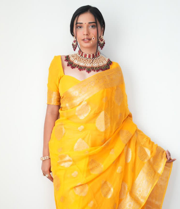Sizzling 1-Minute Ready To Wear Yellow Cotton Silk Saree - Shop authentic Indian Women's Fashion by Silk Folks