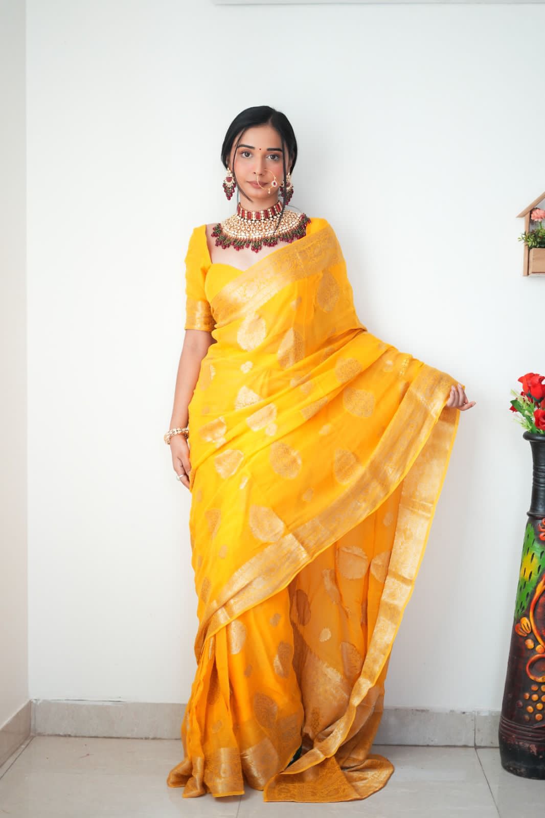 Sizzling 1-Minute Ready To Wear Yellow Cotton Silk Saree - Shop authentic Indian Women's Fashion by Silk Folks