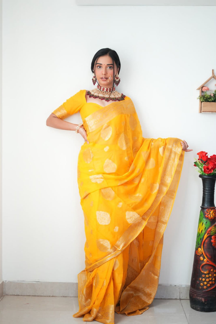 Sizzling 1-Minute Ready To Wear Yellow Cotton Silk Saree - Shop authentic Indian Women's Fashion by Silk Folks