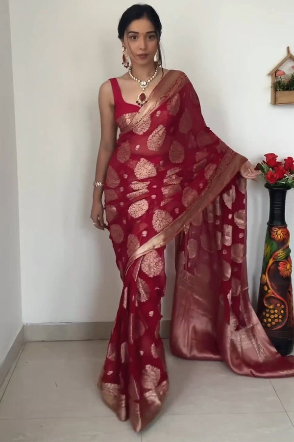 Delightful  1-Minute Ready To Wear Red Cotton Silk Saree - Shop authentic Indian Women's Fashion by Silk Folks