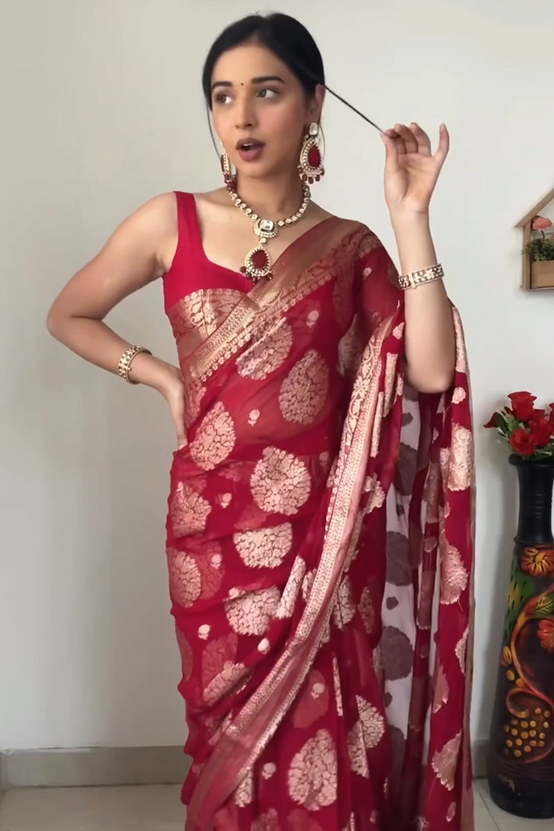 Delightful  1-Minute Ready To Wear Red Cotton Silk Saree - Shop authentic Indian Women's Fashion by Silk Folks