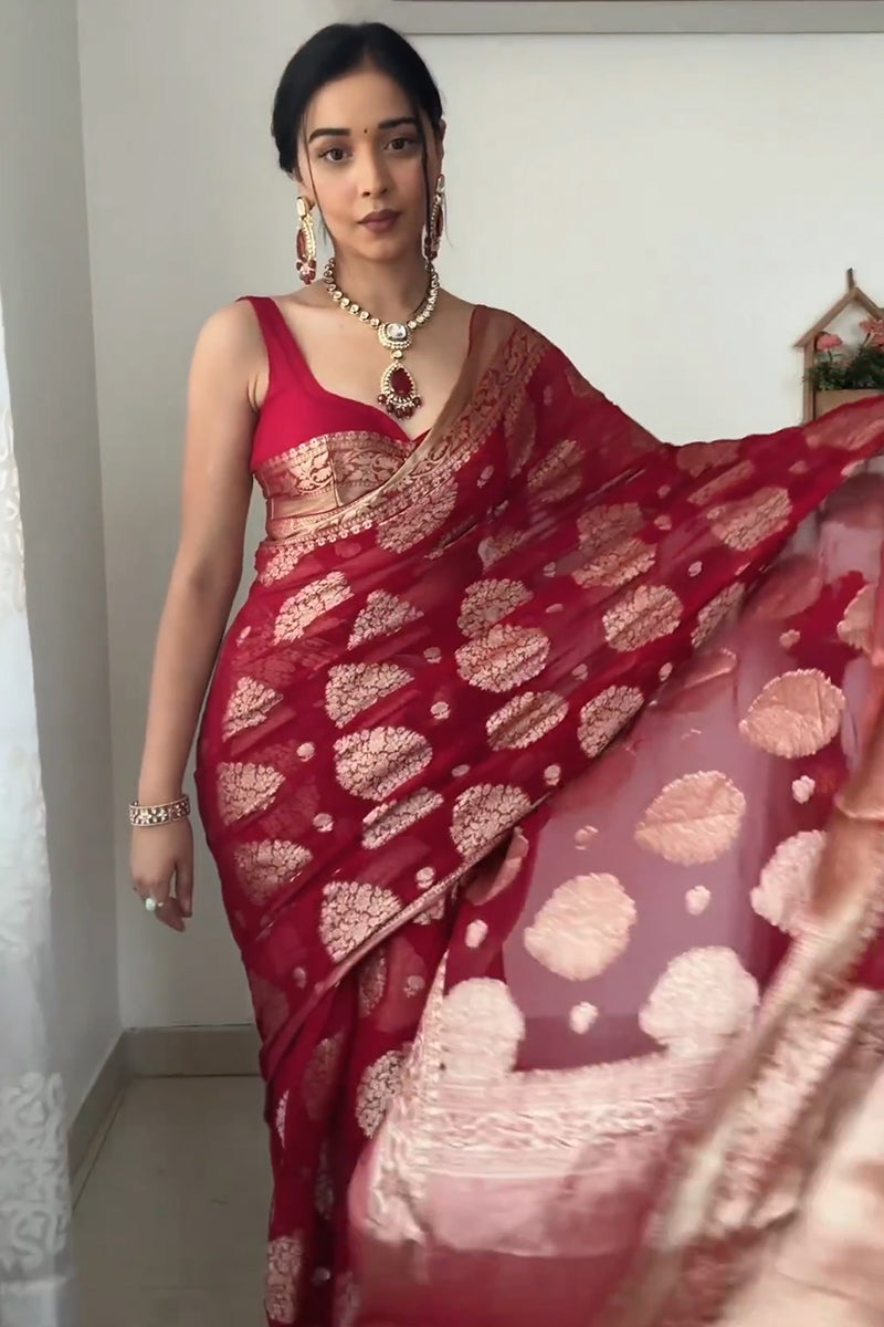 Excellent 1-Minute Ready To Wear Red Cotton Silk Saree - Shop authentic Indian Women's Fashion by Silk Folks