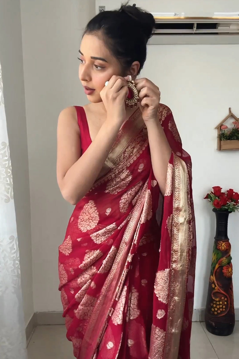 Delightful  1-Minute Ready To Wear Red Cotton Silk Saree - Shop authentic Indian Women's Fashion by Silk Folks
