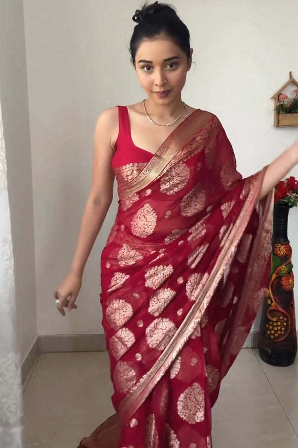 Alluring 1-Minute Ready To Wear Red Cotton Silk Saree - Shop authentic Indian Women's Fashion by Silk Folks