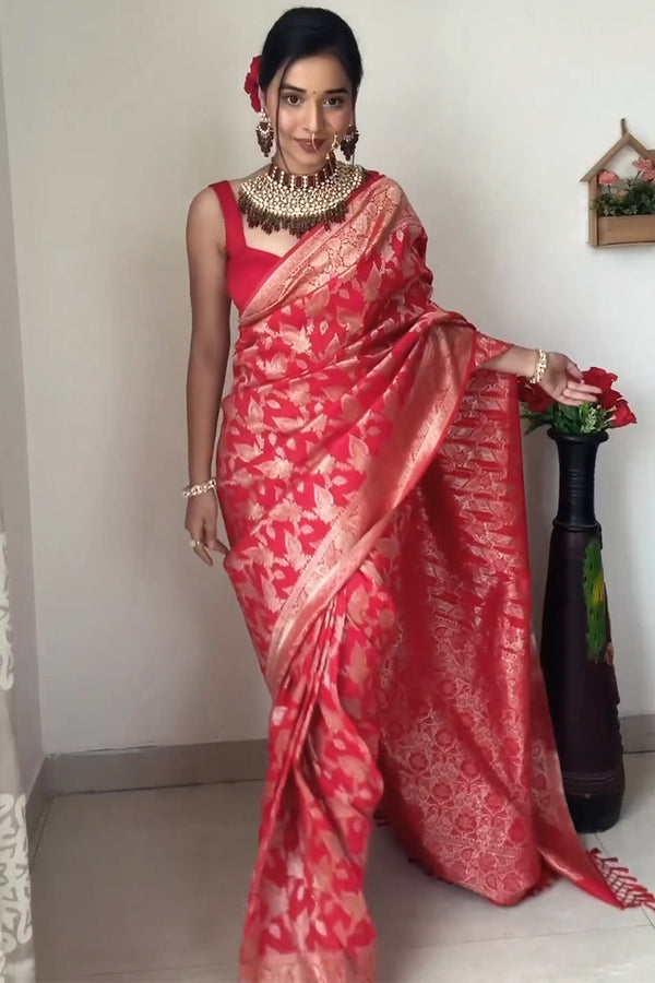 Classic 1-Minute Ready To Wear Red Soft Silk Saree - Shop authentic Indian Women's Fashion by Silk Folks
