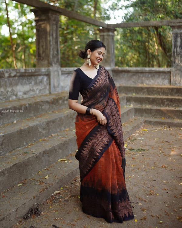 Outstanding Orange Soft Silk Saree With Dalliance Blouse Piece
