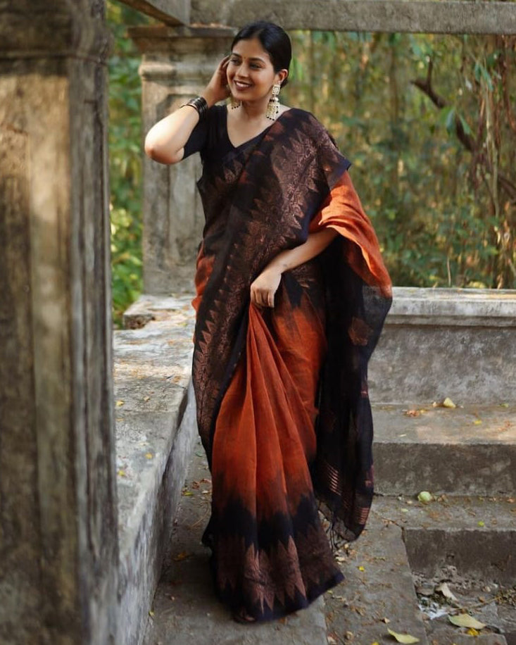 Elision Orange Soft Silk Saree With Dalliance Blouse Piece - Shop authentic Indian Women's Fashion by Silk Folks