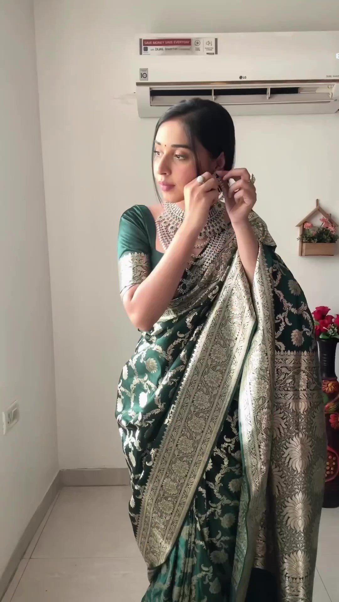 Charming 1-Minute Ready To Wear Green Soft Silk Saree - Shop authentic Indian Women's Fashion by Silk Folks