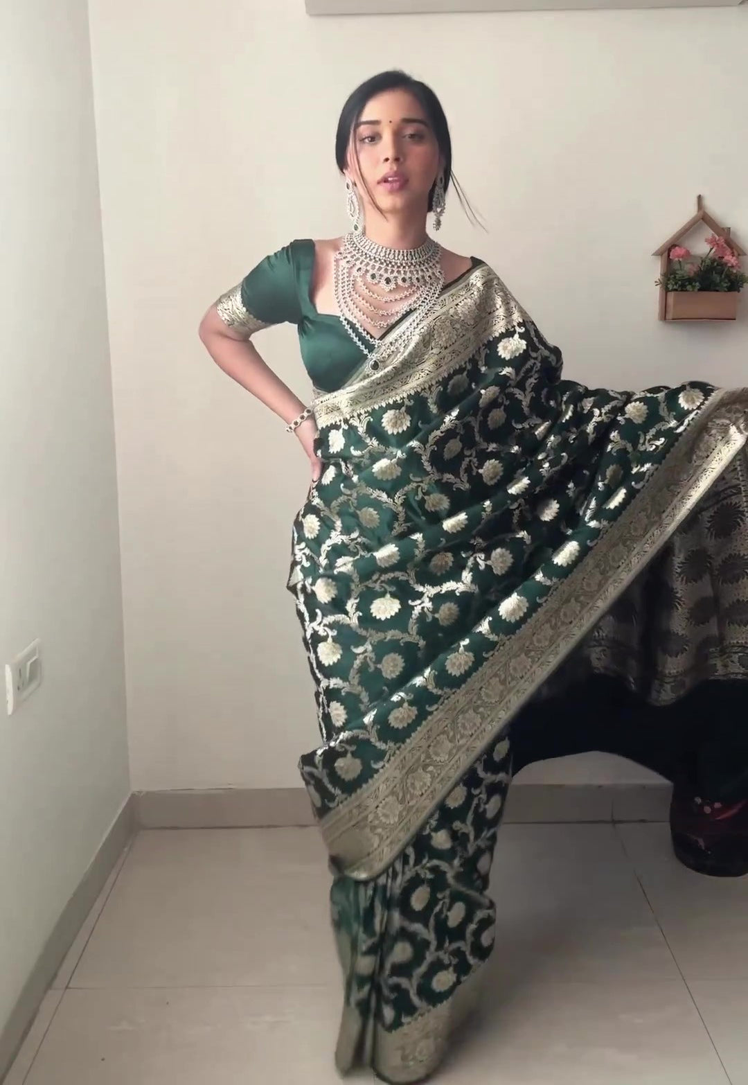 Charming 1-Minute Ready To Wear Green Soft Silk Saree - Shop authentic Indian Women's Fashion by Silk Folks
