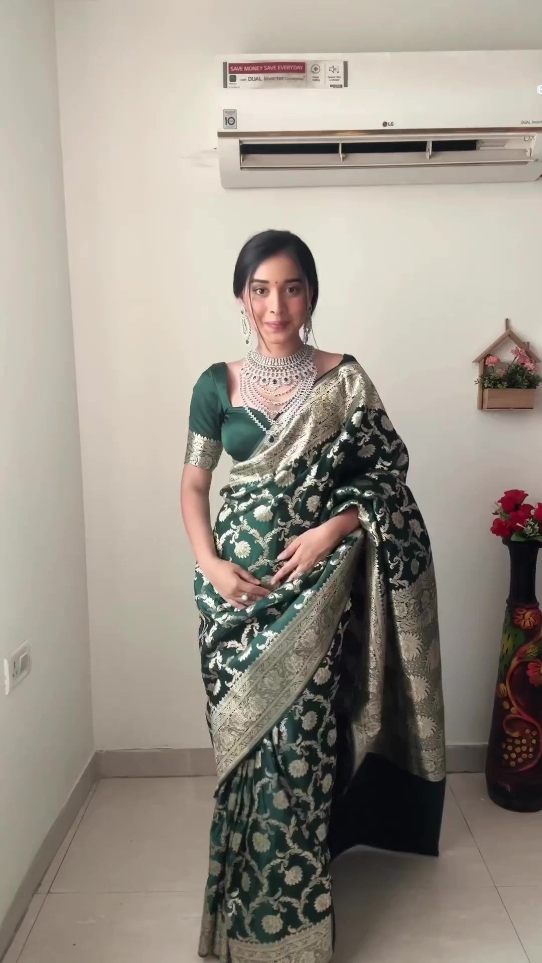 Charming 1-Minute Ready To Wear Green Soft Silk Saree - Shop authentic Indian Women's Fashion by Silk Folks