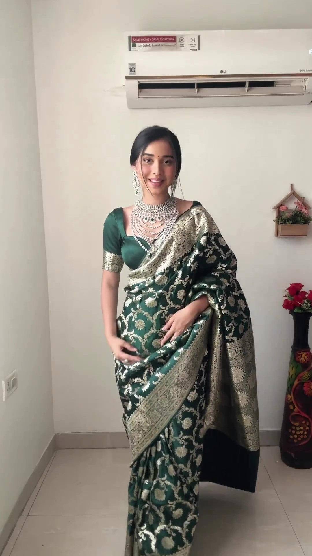 Charming 1-Minute Ready To Wear Green Soft Silk Saree - Shop authentic Indian Women's Fashion by Silk Folks