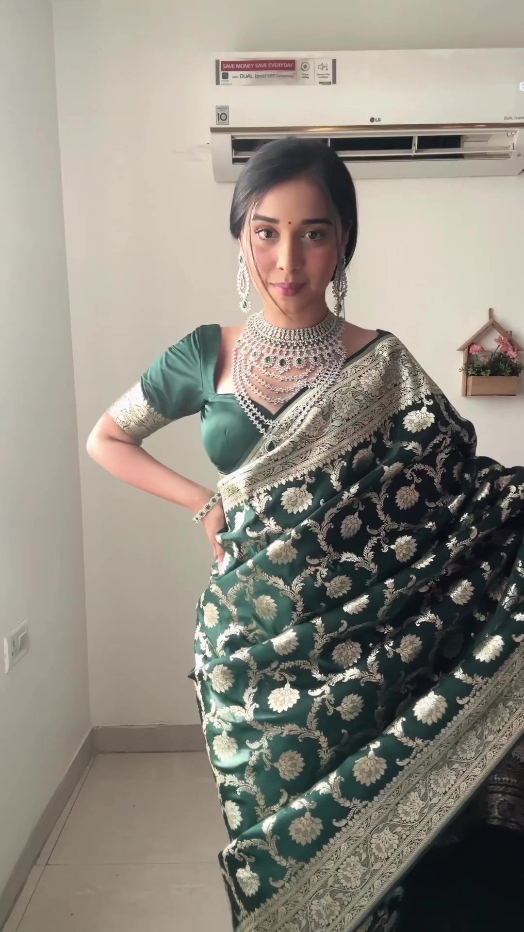 Charming 1-Minute Ready To Wear Green Soft Silk Saree - Shop authentic Indian Women's Fashion by Silk Folks