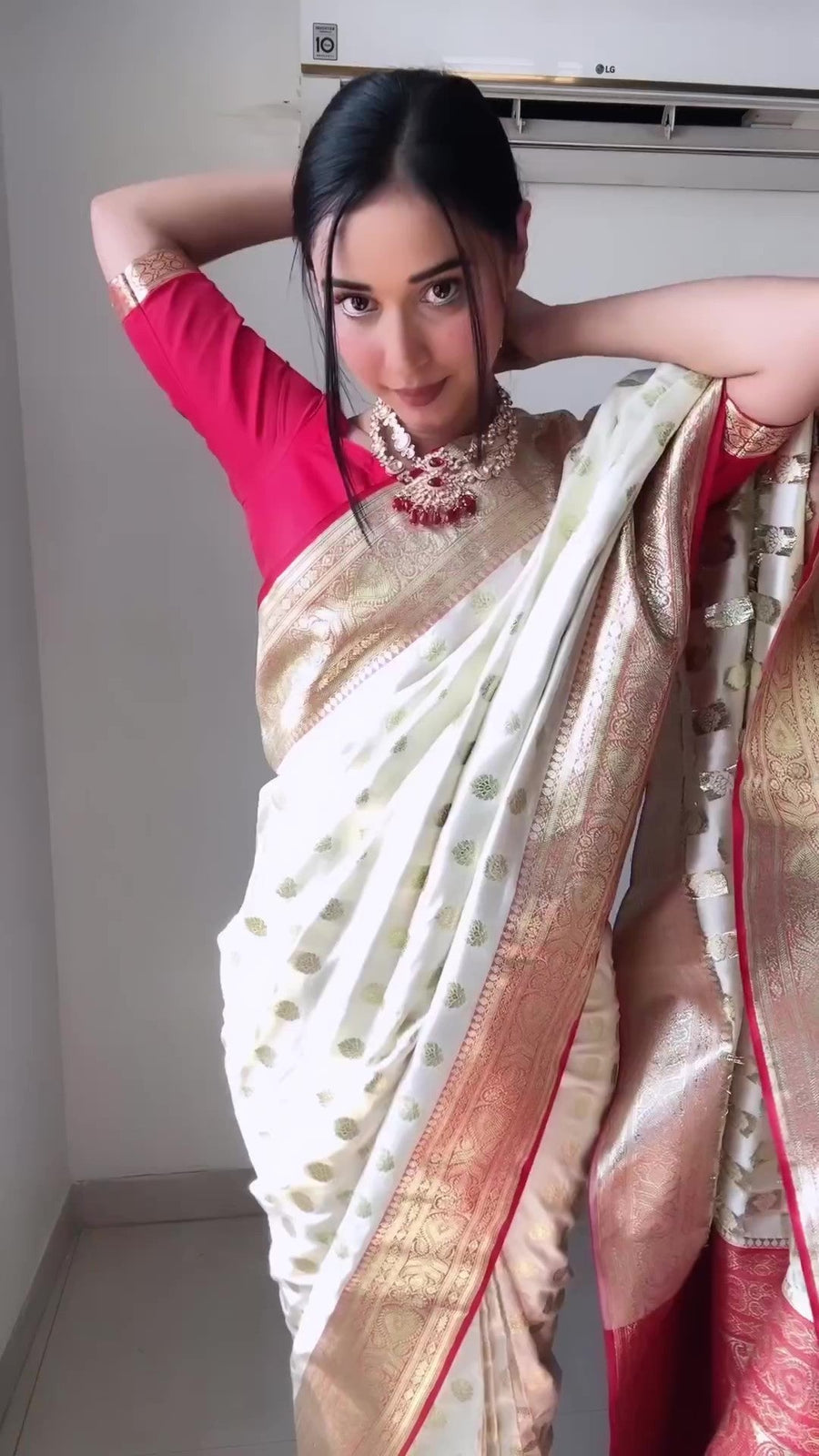 Attractive 1-Minute Ready To Wear Beige Soft Silk Saree - Shop authentic Indian Women's Fashion by Silk Folks