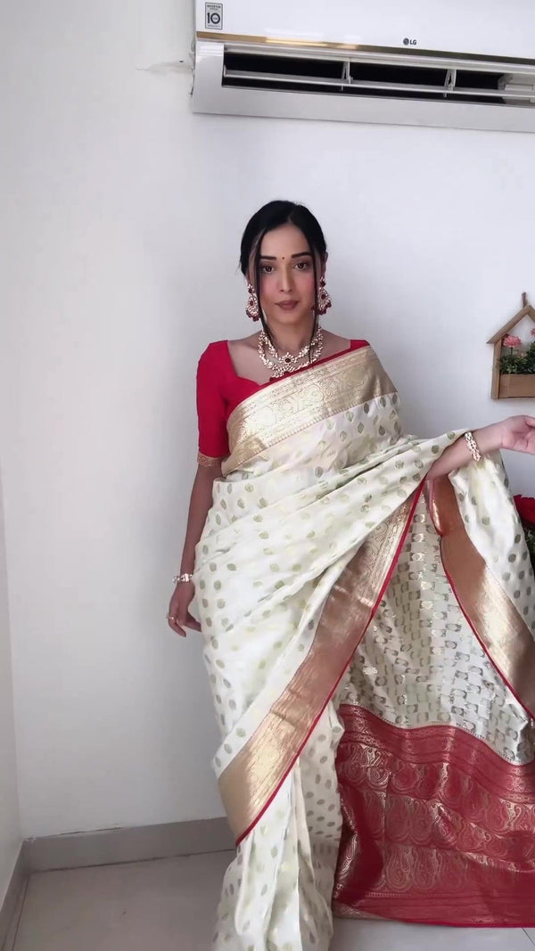 Attractive 1-Minute Ready To Wear Beige Soft Silk Saree - Shop authentic Indian Women's Fashion by Silk Folks