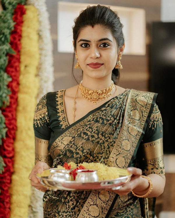 Adorning Dark Green Soft Silk Saree With Hypnotic Blouse Piece - Shop authentic Indian Women's Fashion by Silk Folks