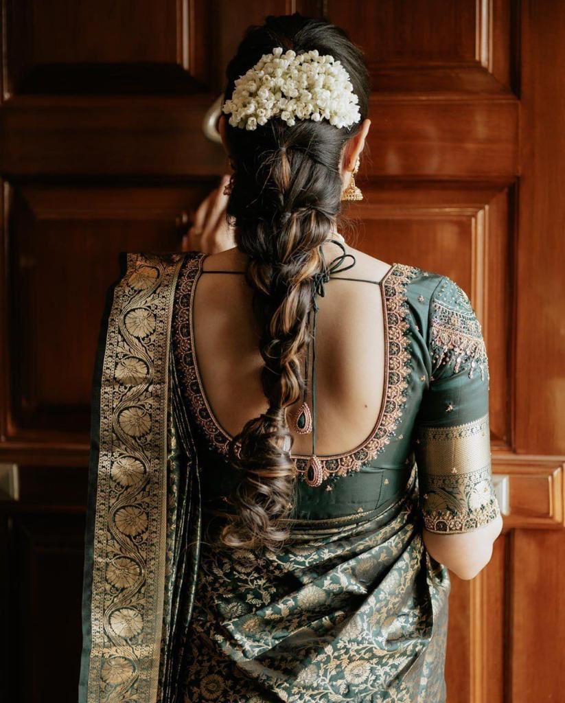 Adorning Dark Green Soft Silk Saree With Hypnotic Blouse Piece - Shop authentic Indian Women's Fashion by Silk Folks