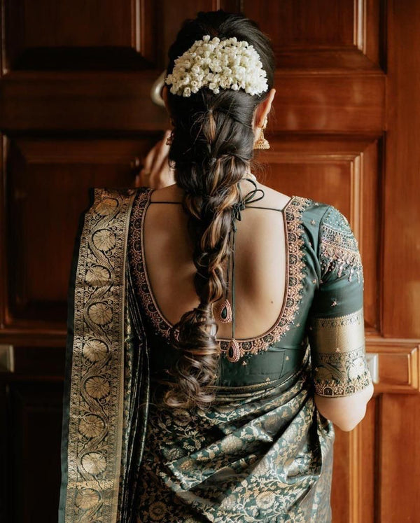 Adorning Dark Green Soft Silk Saree With Hypnotic Blouse Piece - Shop authentic Indian Women's Fashion by Silk Folks