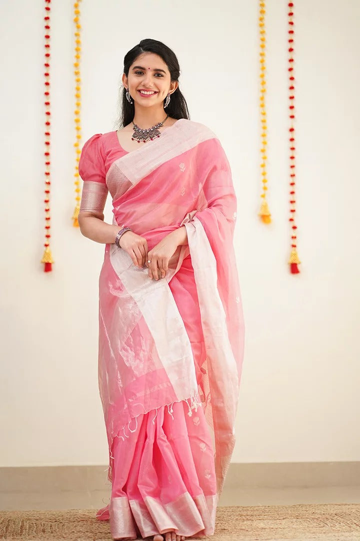 Daisy pink Maheshawari Cotton Silk Saree - Shop authentic Indian Women's Fashion by Silk Folks
