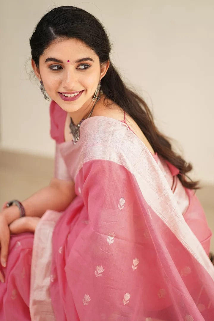 Daisy pink Maheshawari Cotton Silk Saree - Shop authentic Indian Women's Fashion by Silk Folks